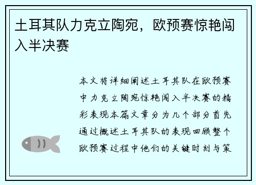 土耳其队力克立陶宛，欧预赛惊艳闯入半决赛
