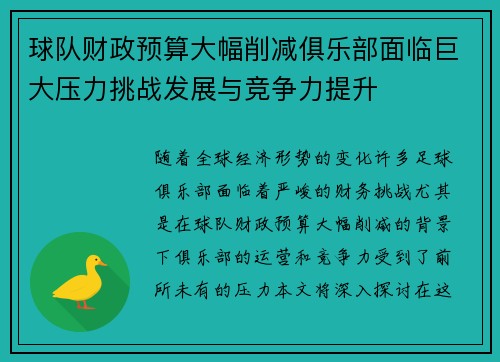 球队财政预算大幅削减俱乐部面临巨大压力挑战发展与竞争力提升