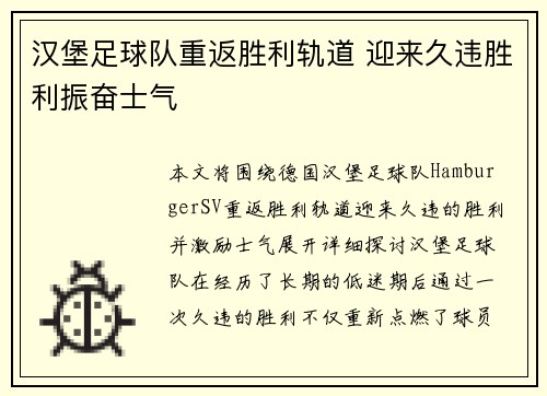 汉堡足球队重返胜利轨道 迎来久违胜利振奋士气