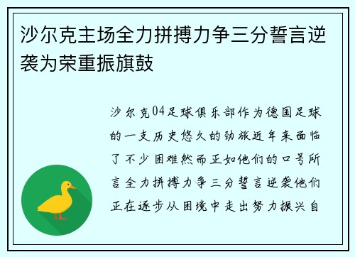 沙尔克主场全力拼搏力争三分誓言逆袭为荣重振旗鼓